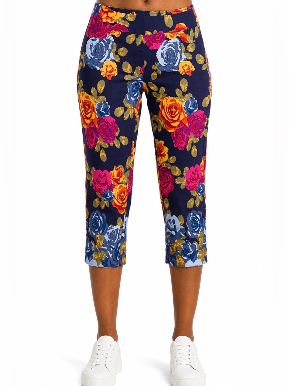 Soft Surroundings Bright Floral Crop Pants Pull On Stretch Capri Navy Petite S